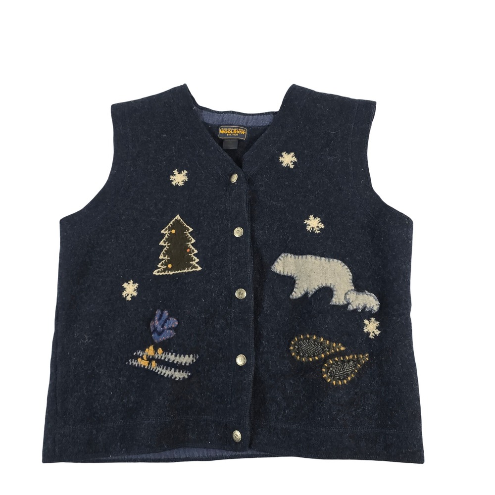 Woolrich Womens Navy Blue 100% Wool Polar Bear Winter‎ Applique Vest XL 9157
